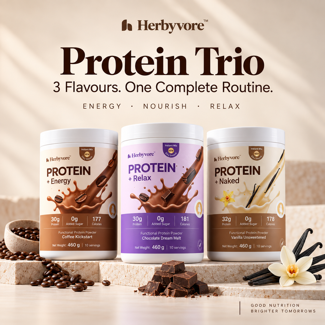 Herbyvore Plant Protein Trio — 3 Tubs, 3 Flavours (460g Each)